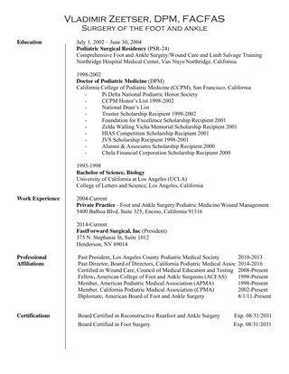 Curriculum Vitae - Dr. Vladimir Zeetser, DPM, FACFAS